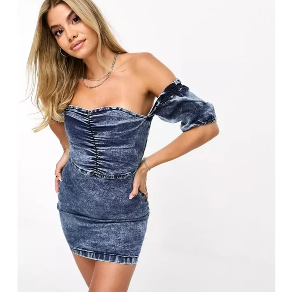 denim bardot dress Denim Maxi Plus Size Denim Bardot Dress Mid Blue Denim Shirred Waist Bardot Fit Flare Maxi Dress
